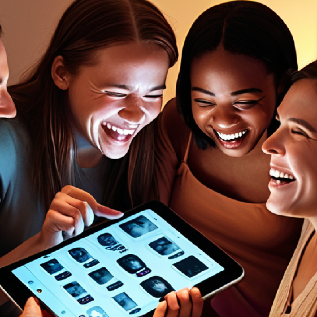A group of diverse people, mid-20s to 40s, gathered around a glowing smartphone or tablet, laughing genuinely and pointing at the screen. The atmosphere is warm and inviting, suggesting a shared, heartwarming, or humorous viral moment. Subtle, ethereal glowing lines or icons emanate from the screen, abstractly representing digital spread and connection. Realistic style, natural lighting, and highly expressive faces.
