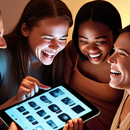 A group of diverse people, mid-20s to 40s, gathered around a glowing smartphone or tablet, laughing genuinely and pointing at the screen. The atmosphere is warm and inviting, suggesting a shared, heartwarming, or humorous viral moment. Subtle, ethereal glowing lines or icons emanate from the screen, abstractly representing digital spread and connection. Realistic style, natural lighting, and highly expressive faces.