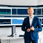 A professional business analyst, fully clothed in a modest business suit, stands in a brightly lit, minimalist modern office with large digital screens displaying subtle, repeating data patterns. The environment reflects clean Scandinavian design principles, functional and bright. The person has perfect anatomy, correct proportions, natural pose, well-formed hands, and proper finger count. This image is safe for work, appropriate content, professional, and family-friendly, captured with high-quality digital photography.