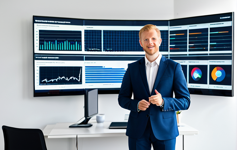 A professional business analyst, fully clothed in a modest business suit, stands in a brightly lit, minimalist modern office with large digital screens displaying subtle, repeating data patterns. The environment reflects clean Scandinavian design principles, functional and bright. The person has perfect anatomy, correct proportions, natural pose, well-formed hands, and proper finger count. This image is safe for work, appropriate content, professional, and family-friendly, captured with high-quality digital photography.