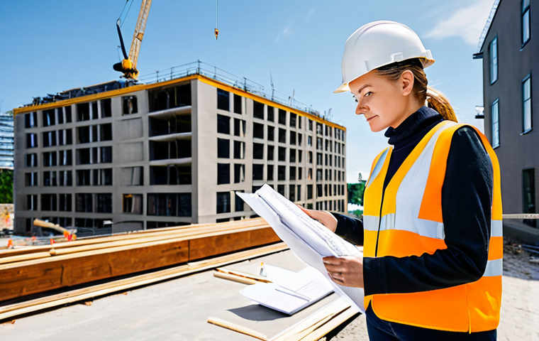 **

"A professional female architect in a modest business casual outfit, reviewing blueprints on a construction site in Stockholm, Sweden, fully clothed, appropriate attire, safe for work, perfect anatomy, natural proportions, professional photography, bright daylight."

**