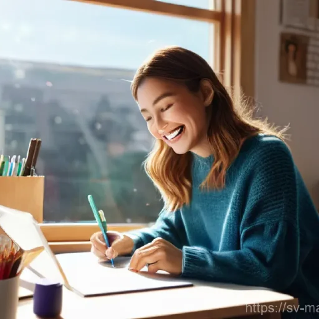 바이럴 마케팅 심리학의 최신 연구 경향 - **Prompt:** A diverse young adult woman (20s-30s) with a bright, genuine smile, looking at a finishe...