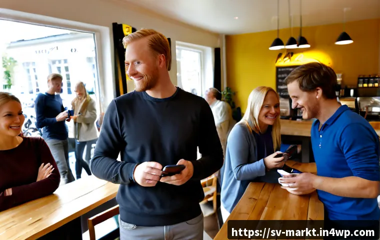 Home 17 바이럴 마케팅에서의 신뢰 구축 전략 - Photorealistic Swedish small-business owner in a bright Stockholm café, warmly greeting a diverse gr...